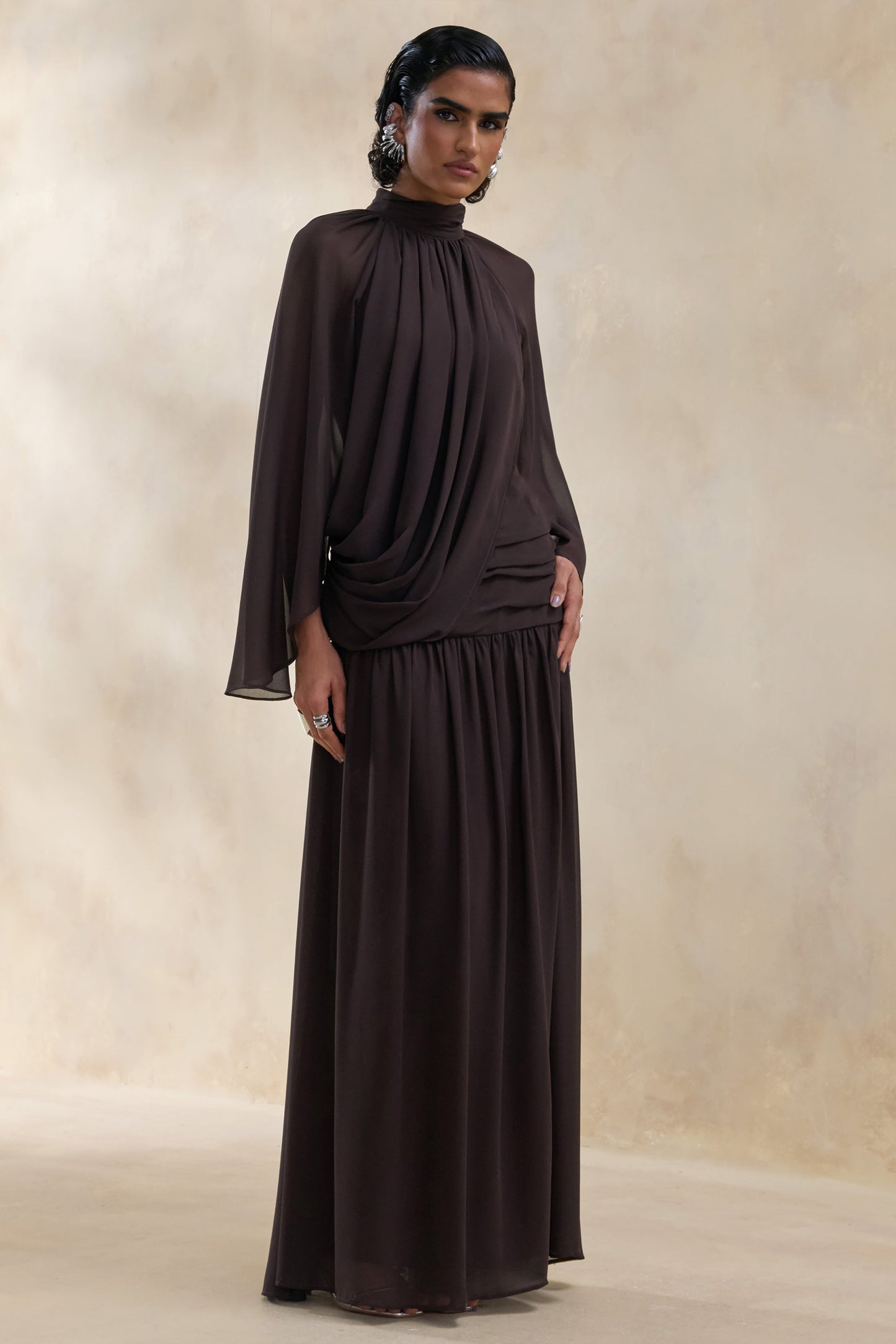 Narella | Brown Chiffon High-Neck Maxi Dress With Draped-Detailing