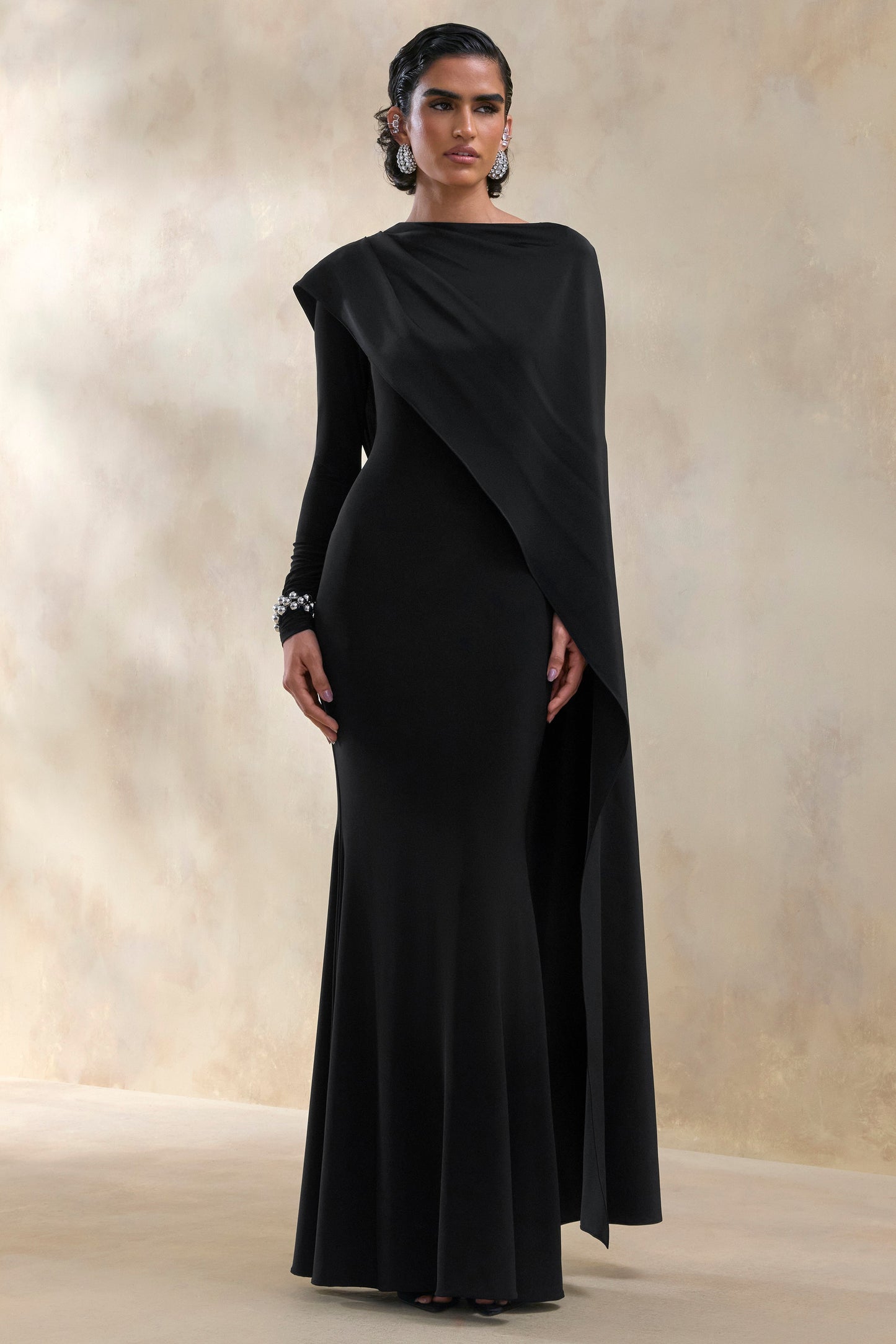 Salenne | Black Wide-Neck Maxi Dress With Satin Asymmetric-Cape