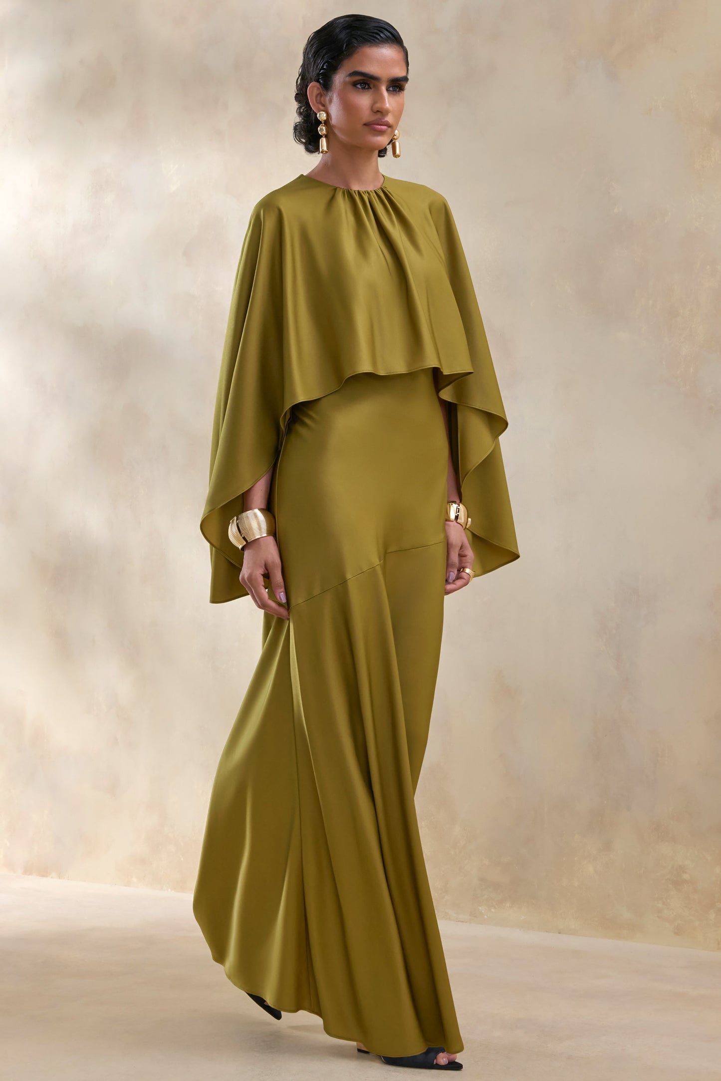 Vanthea | Olive Satin Round-Neck Maxi Dress With Cape-Sleeves
