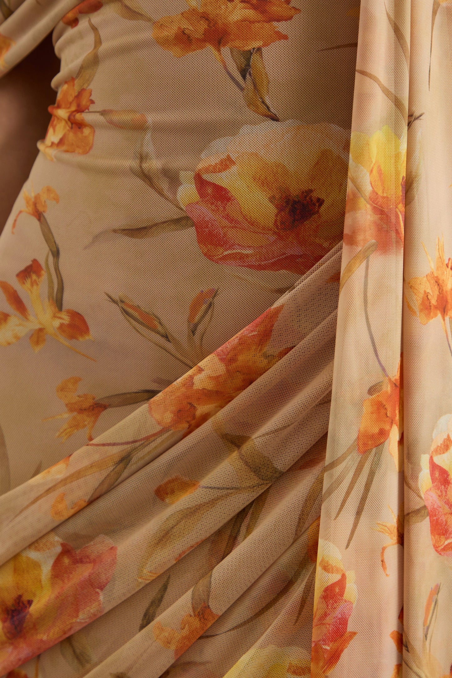 Afton | Orange Floral Mesh Asymmetric-Neck Maxi Dress With Sash Detail