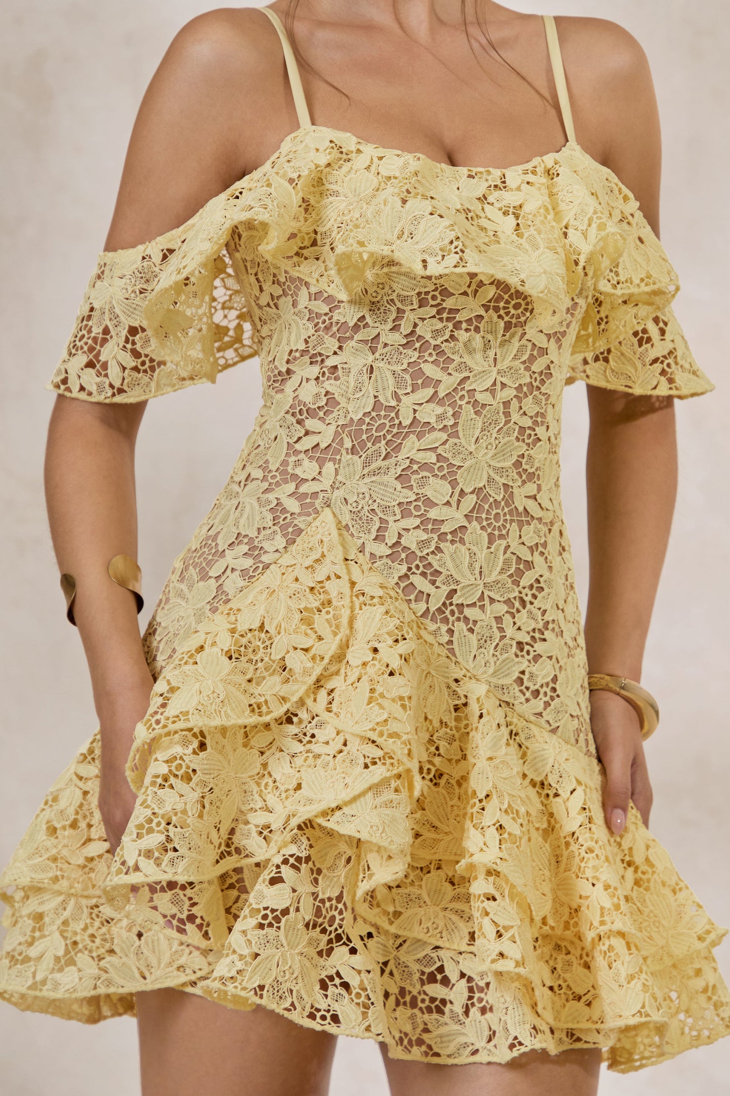 Lyris | Lemon Lace Scoop-Neck Mini Dress With Ruffled Detailing