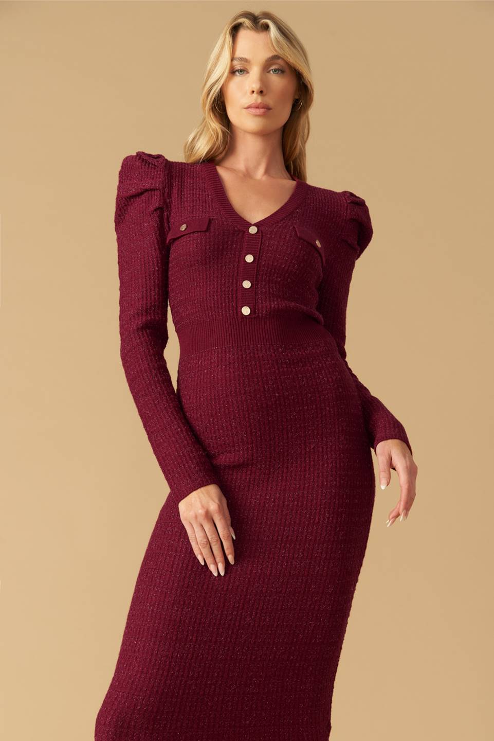 Size Small, YOUNG LOVE BURGUNDY PUFF SLEEVE SWEATER DRESS FINAL