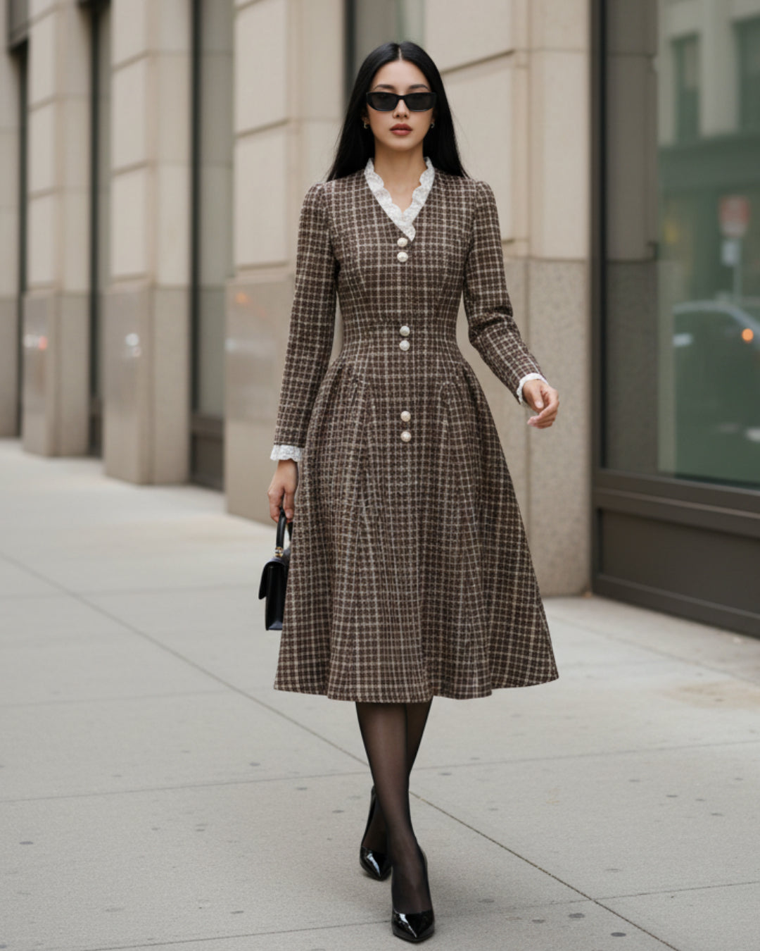 Cara Gingham Long Sleeve Midi Dress Brown