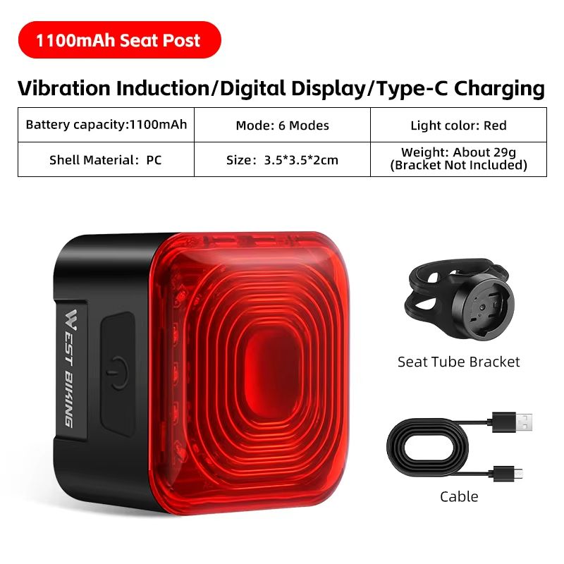 WEST BIKING Smart Bike Tail Light Brake Sensing Rear Light With Digital Power Display Auto OnOff 9