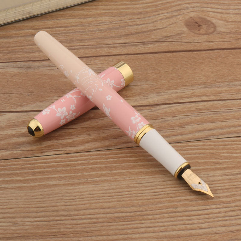 Luxury Pen With Ink Metal Fountain Pen Pink Flowers F Nib Professional Office School Supplies Gift 6