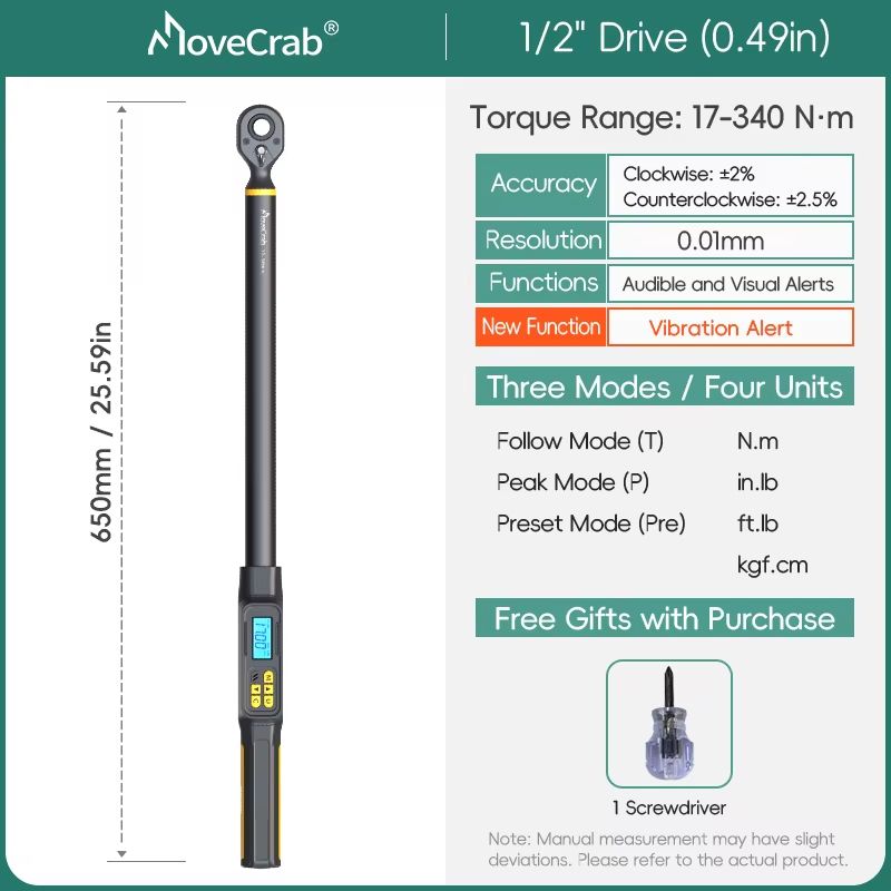 MOVECRAB Digital Torque Wrench Adapter 15340Nm High Precision Electronic Torque Meter With Preset 19