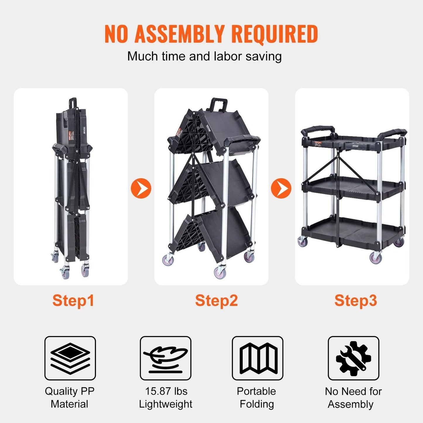 Three Tier Folding Rolling Utility Cart With Storage Shelves 5