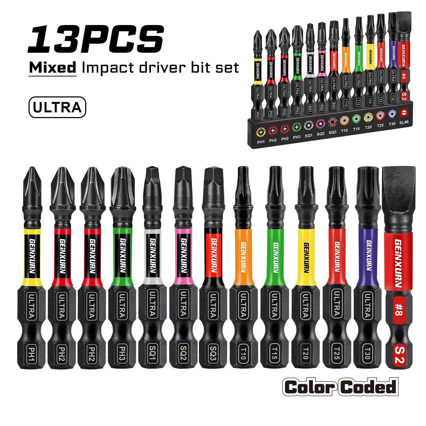 Geinxurn 13Piece Magnetic Screwdriver Bits Set S2 Steel Impact Driver Bits With ColorCoded Base 6