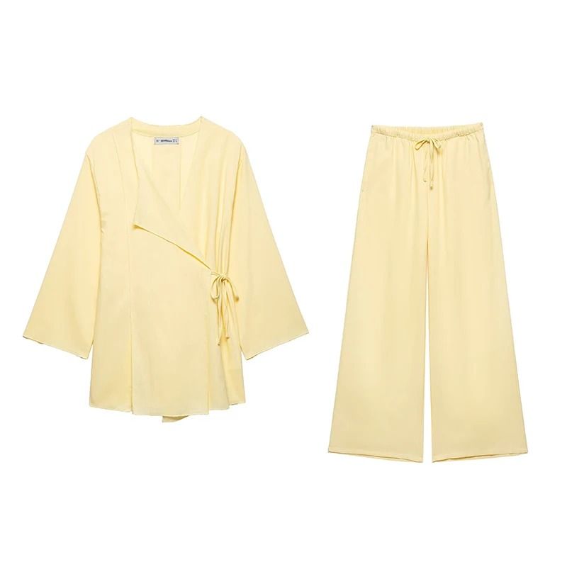 Womens Kimono Style Two Piece Outfit With Lace Up Top And Wide Leg Pants 8