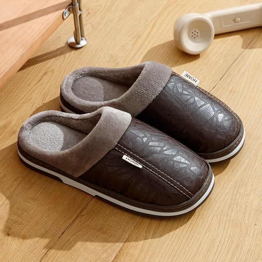 Mens PU Leather Winter Slippers With Fur Lining Waterproof Indoor Flats 8