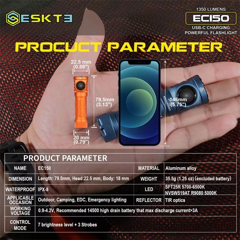 Skilhunt EC150 USBC Rechargeable LED Flashlight 1350 Lumens Mini Torch With AA And 14500 Battery C 5