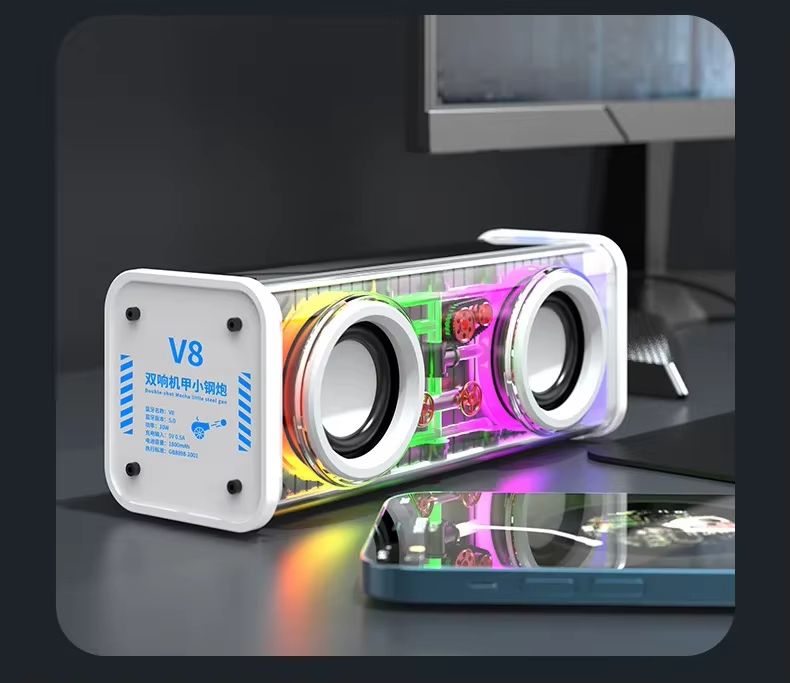 V8 Transparent Bluetooth Speaker Wireless TWS Subwoofer With Double Bass RGB Lights Portable Mini 7
