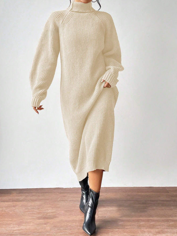Women Autumn Winter Slouchy Solid Knit Turtleneck Long Sweater Dress Loose Knit Dress Ankle Length 6