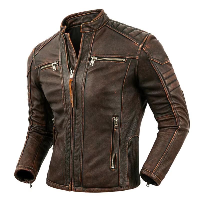 Mens Genuine Leather Motorcycle Jacket Retro Brown Cowhide Stand Collar Biker Jacket 8