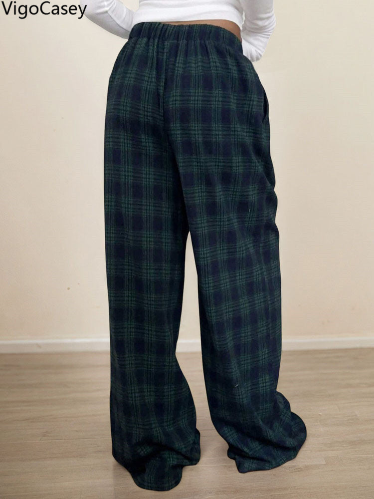 Casual Women Plaid Print Pants, High Waist Wide Leg Pants Lady Green, Autumn Winter Baggy Pants Ladies Trousers