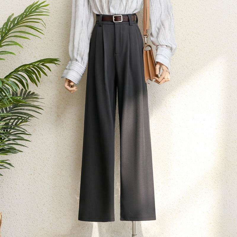 Office Lady Elegant High Waist Wide Leg Fashion Trousers with Pockets, New Burgundy Suits Pants for Women