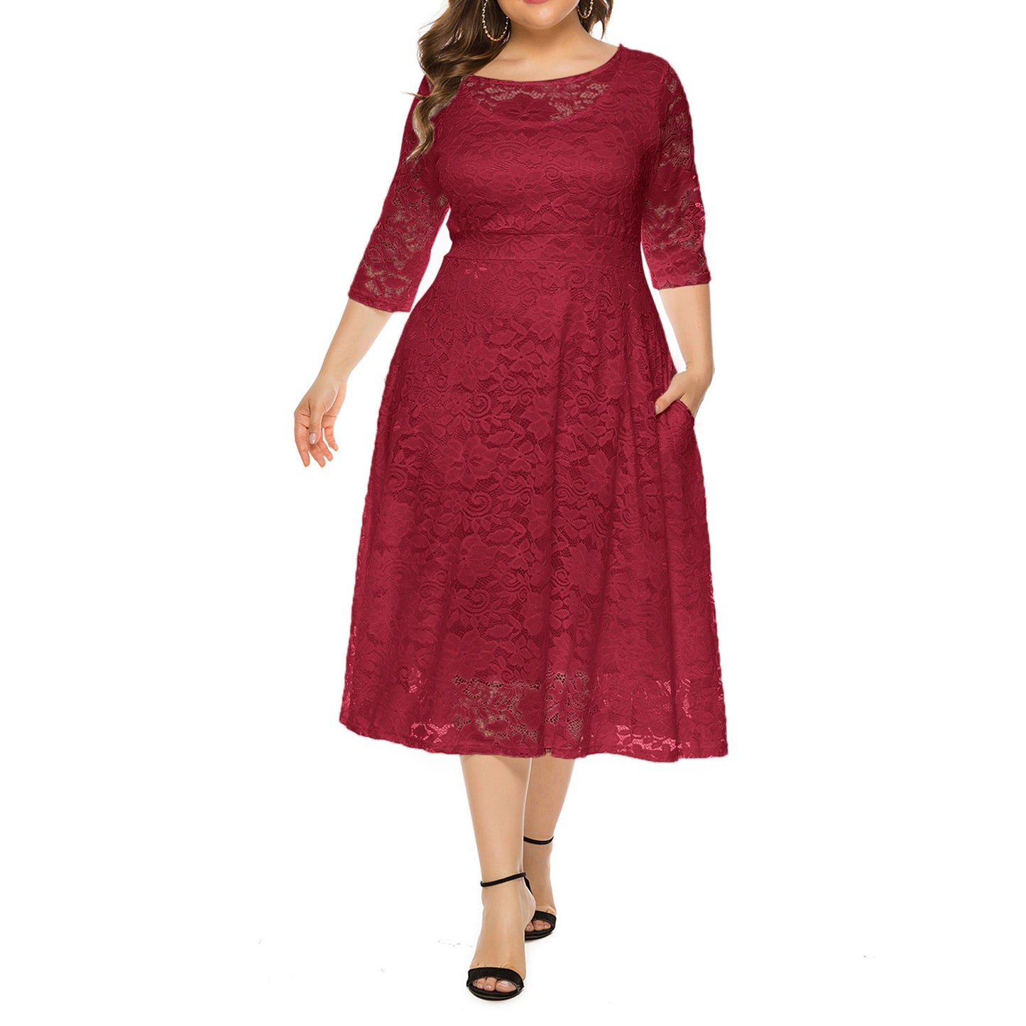 Elegant V-Neck A-Line Dress with Floral Lace Overlay and Pockets for Beach Parties & Evening Events