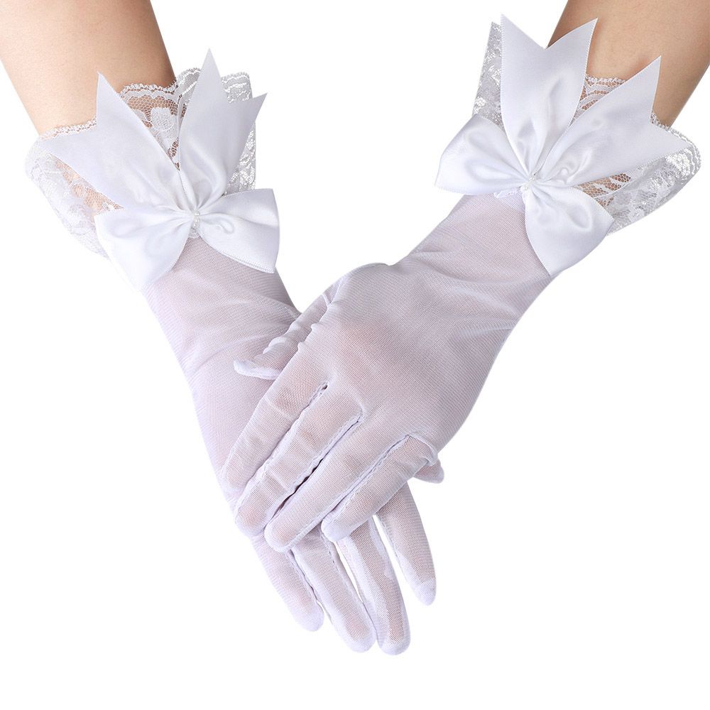 Elegant White Satin Bride Gloves With Bowknot Lace Wedding Dress Gloves Etiquette Hand Accessories 4
