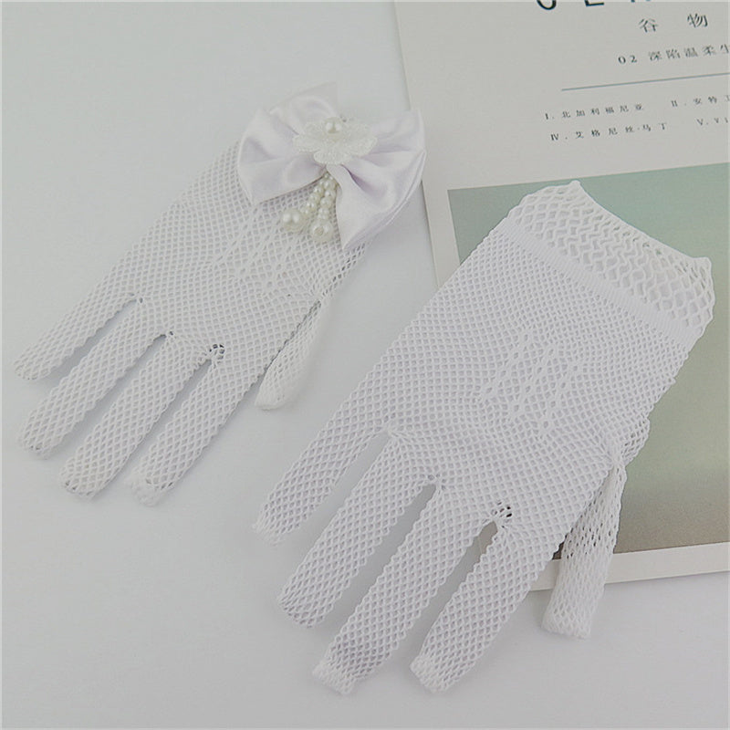 1 Pair Girls Kids White Lace Wedding Gloves With Faux Pearl Bowknot Fishnet Flower Girl Communion C 5