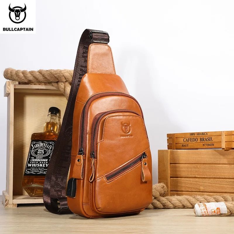 Mens Leather Chest Bag Large Capacity Crossbody Messenger Pack 9