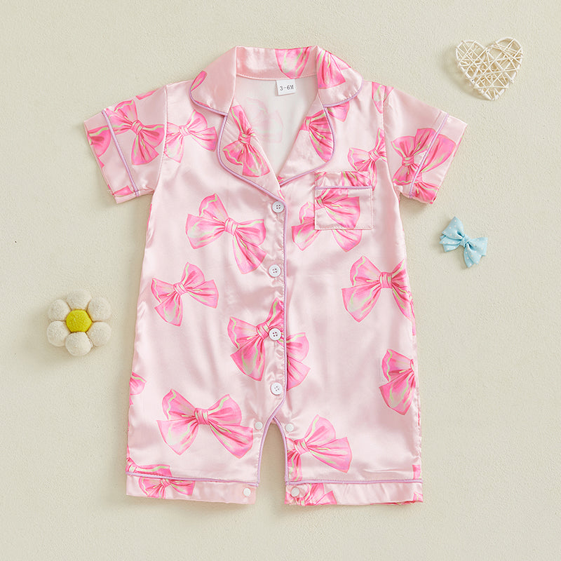 Adorable Infant Princess Bow Satin Pajama Set, Short Sleeve Button-Up, Jumpsuit for Sweet Toddler Bedtime