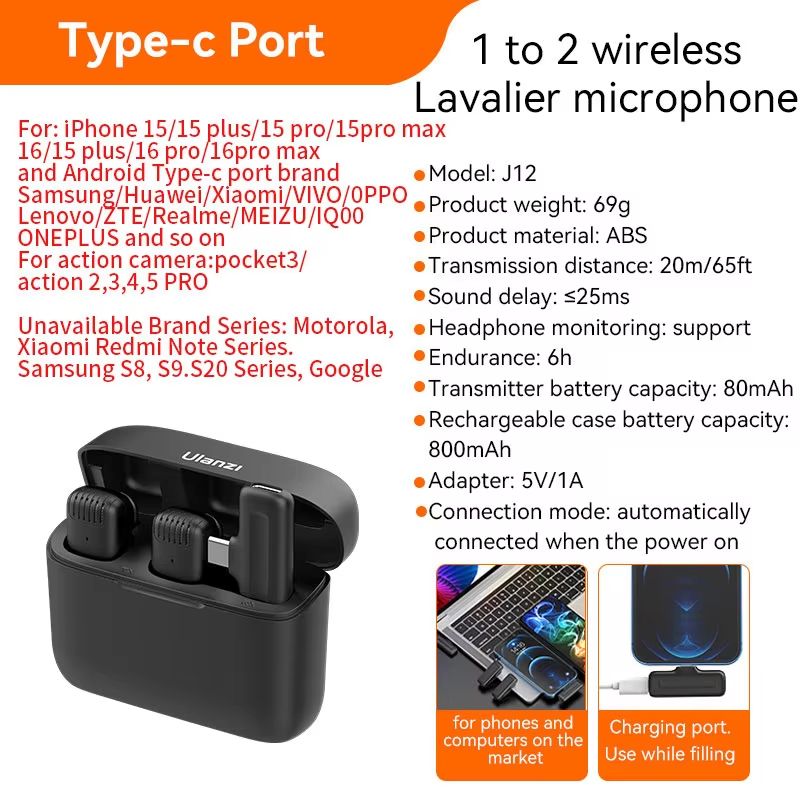 Ulanzi J12 Wireless Lavalier Microphone Plug Play Mini Mic For IPhone Android Live Streaming Vi 7
