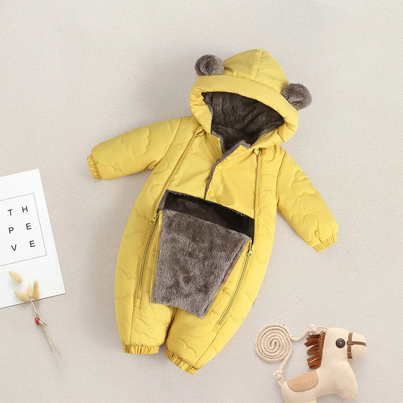 Thickened Fleece Lined Double Layer Hooded Romper 0-2Y Winter Warm Kids Snowsuit with Bear Ears, Toddler Baby Girl Boy