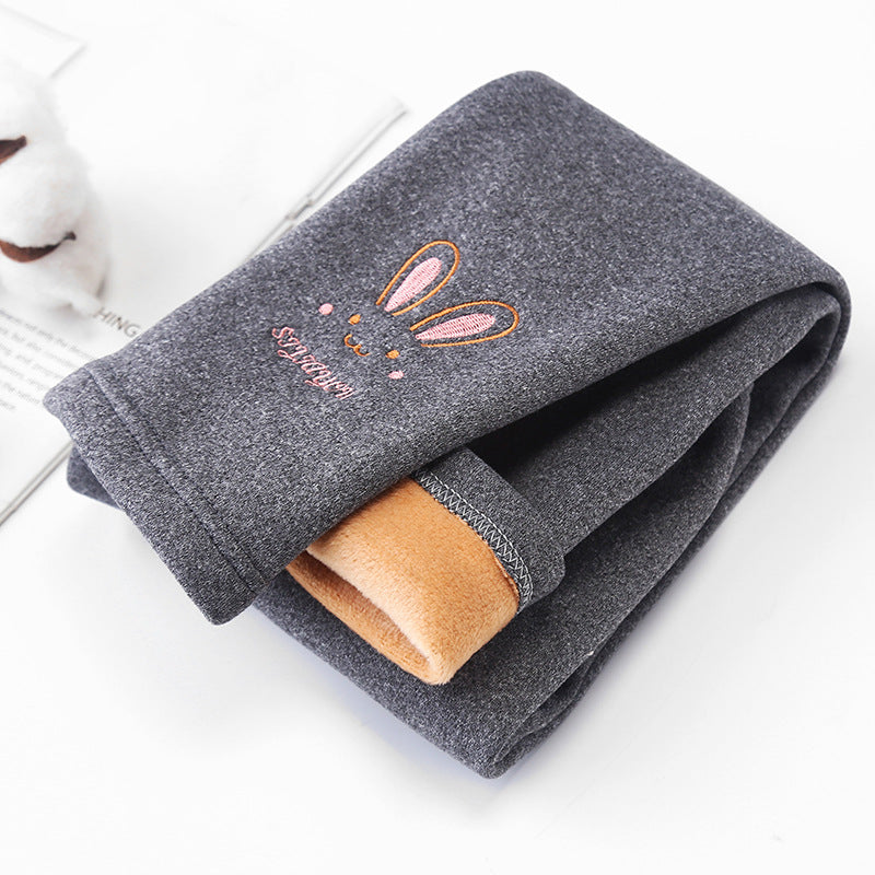 Cute Fond Rabbit Girls Leggings Autumn Winter Thick Warm Plus Soft Lined Children Kids Baby Bottom Pants