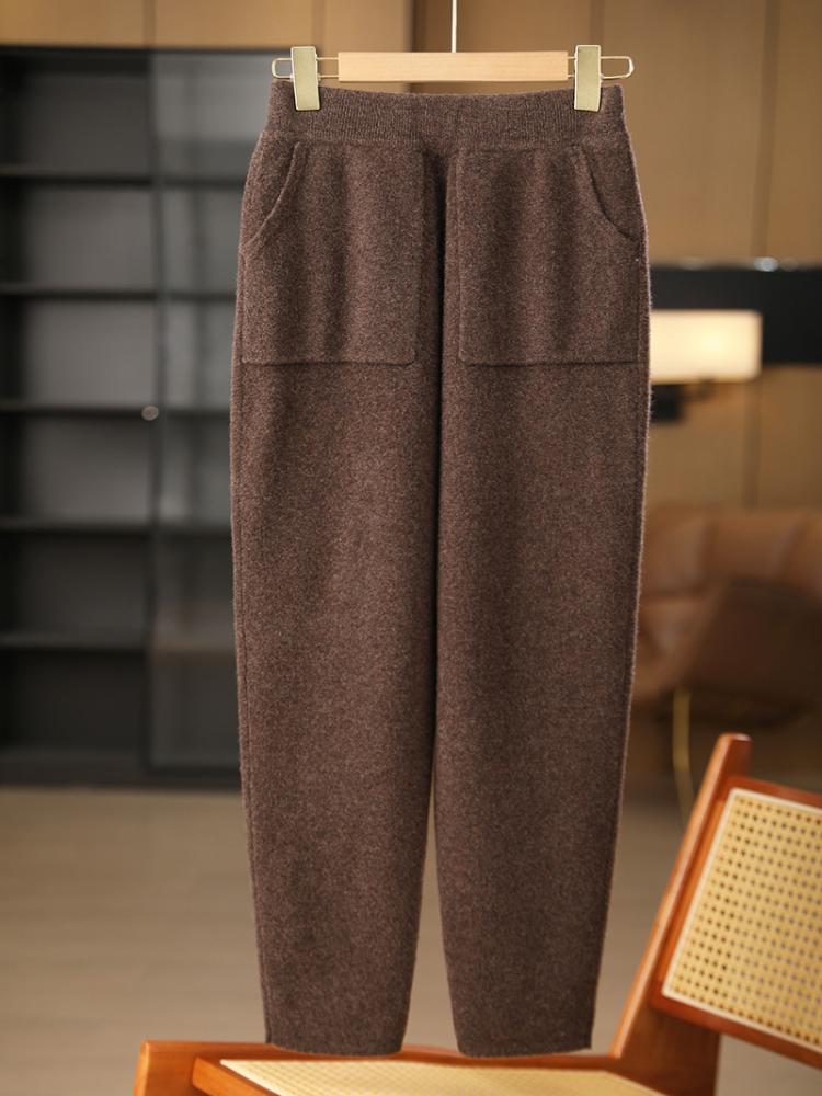 Autumn Winter Thick Warm Pencil Pants for Women Merino Wool Fashion Trousers Patch Pockets Elastic Waist Knit Pant