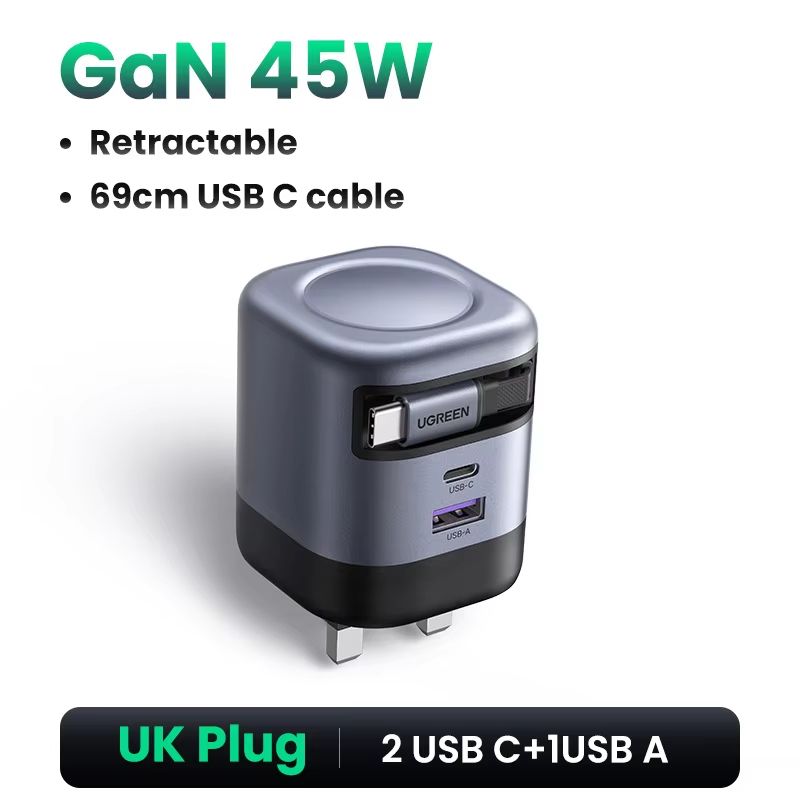 UGREEN 45W GaN Fast Charger With Retractable Cable Compact PPS QC PD 30 Power Adapter For IPhone S 9