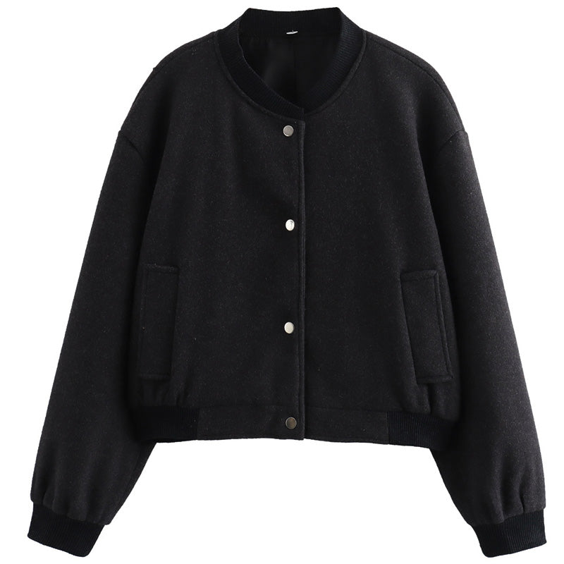 Autumn Crop Womens Bomber Jacket Soft Tweed Outerwear Black Grey Khaki Beige Darkgrey Long Sleeve O 9