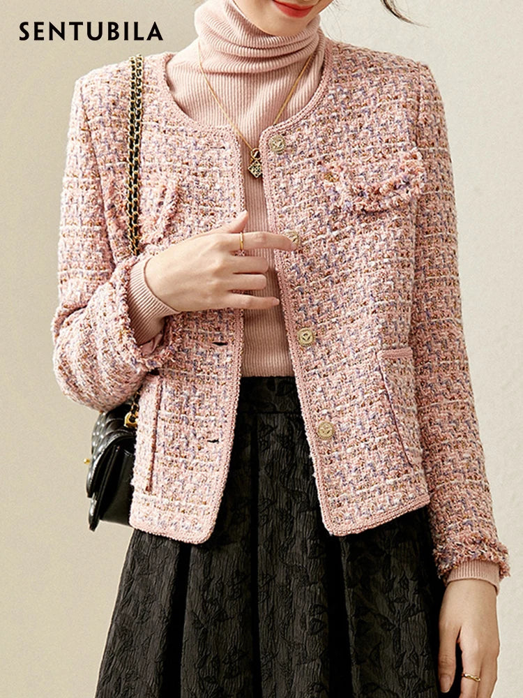 Textured Tweed Jacket For Women Single Breasted Round Neck Winter Coats Patch Pockets Elegant Chic 4