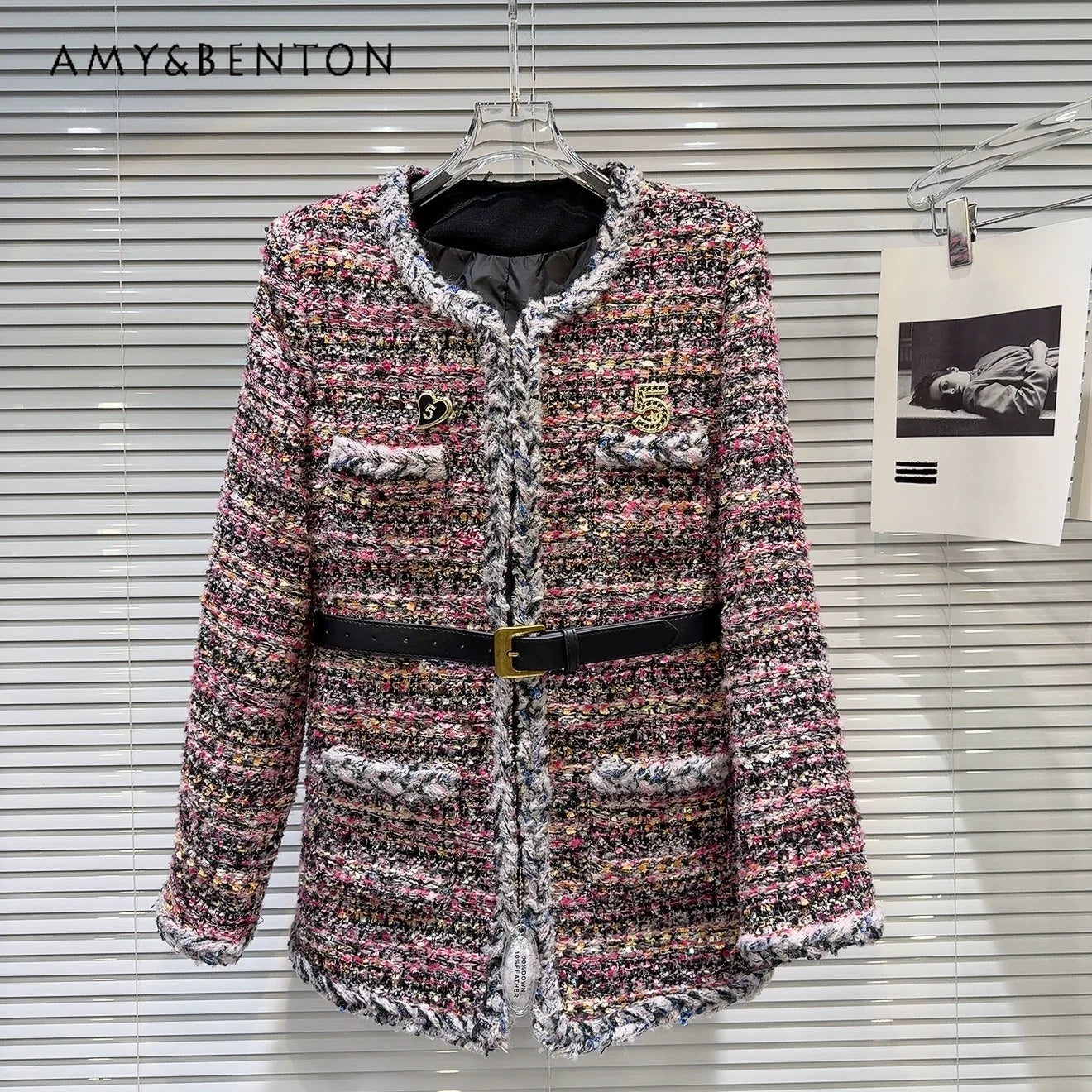 French Temperament Tweed Down Inner Jacket Women Winter New Patchwork Midlength Slim Belt Commuter 3