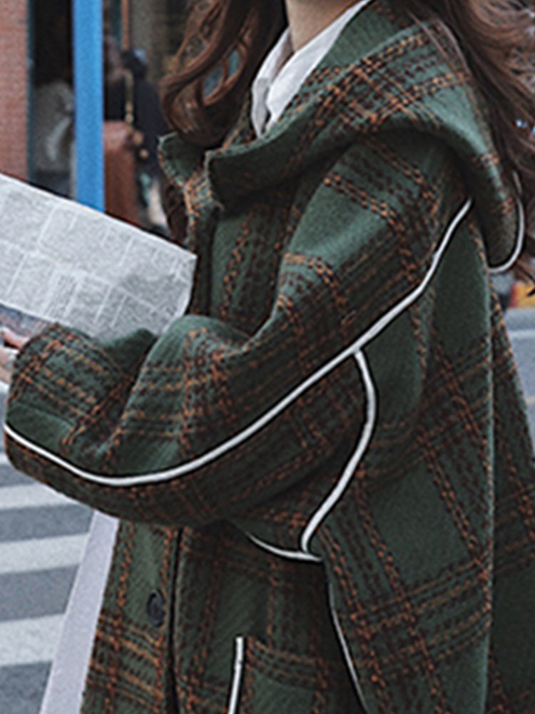 Autumn Winter Long Oversized Warm White Patchwork Plaid Wool Blends Trench Coats Women With Hood Ru 2