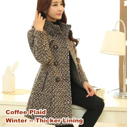 Winter Autumn New Women Wool Blend Coat Elegant Turtleneck Plaid Slim Long Tweed Woolen Outerwear F 8