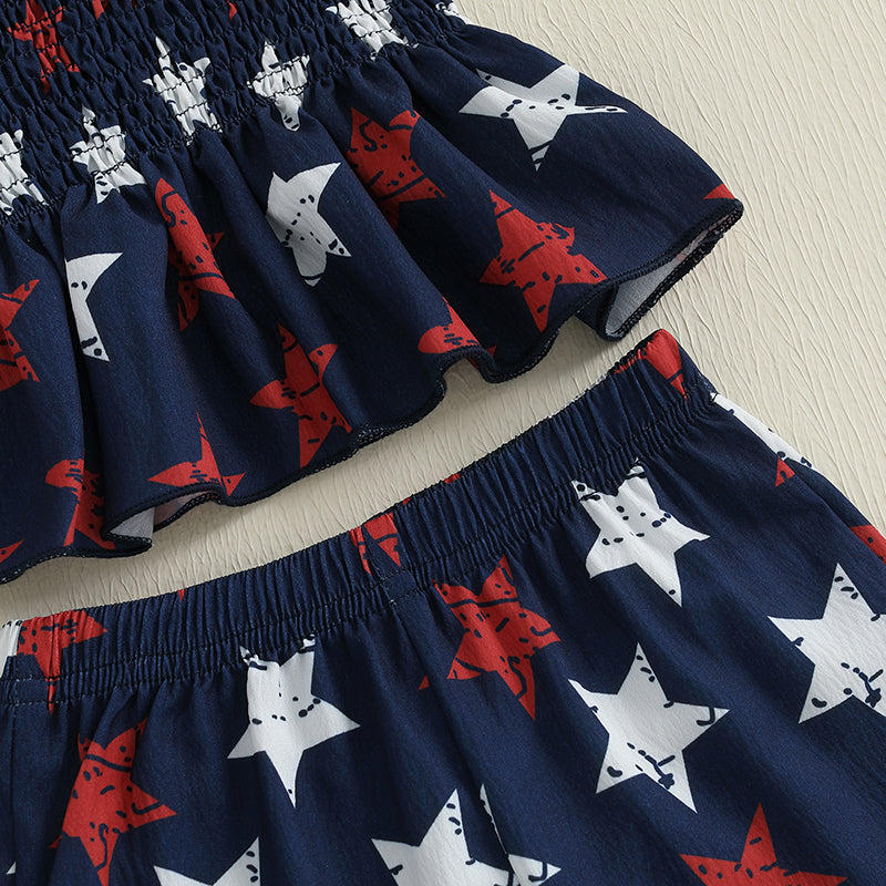 Baby Girl Fourth Outfit, Sleeveless Shirred Cami Top Wide Leg Pants Set, Patriotic Toddler Clothes