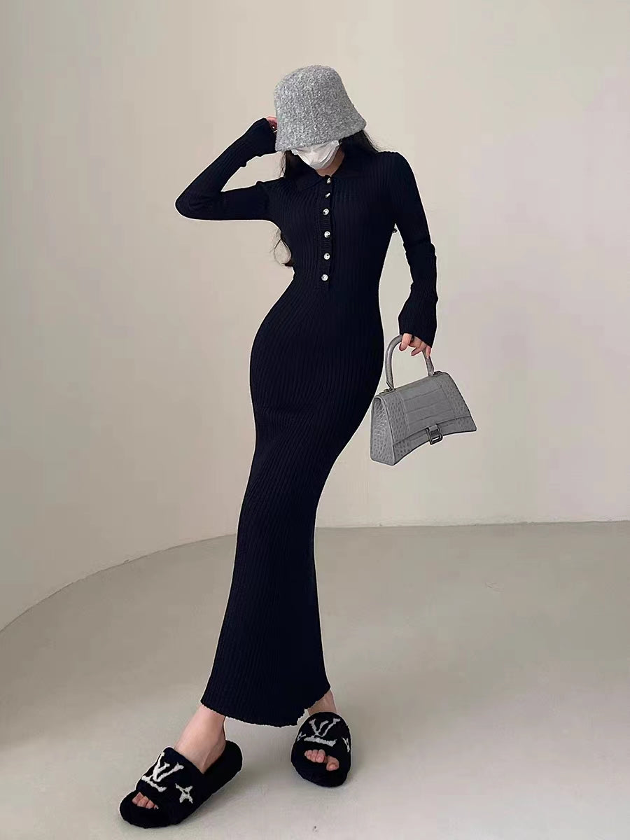 Autumn Winter Maternity Dress, V-Neck Knitted Long Dress for Pregnancy with Fishtail Pleated Hem, Single-Breasted Design