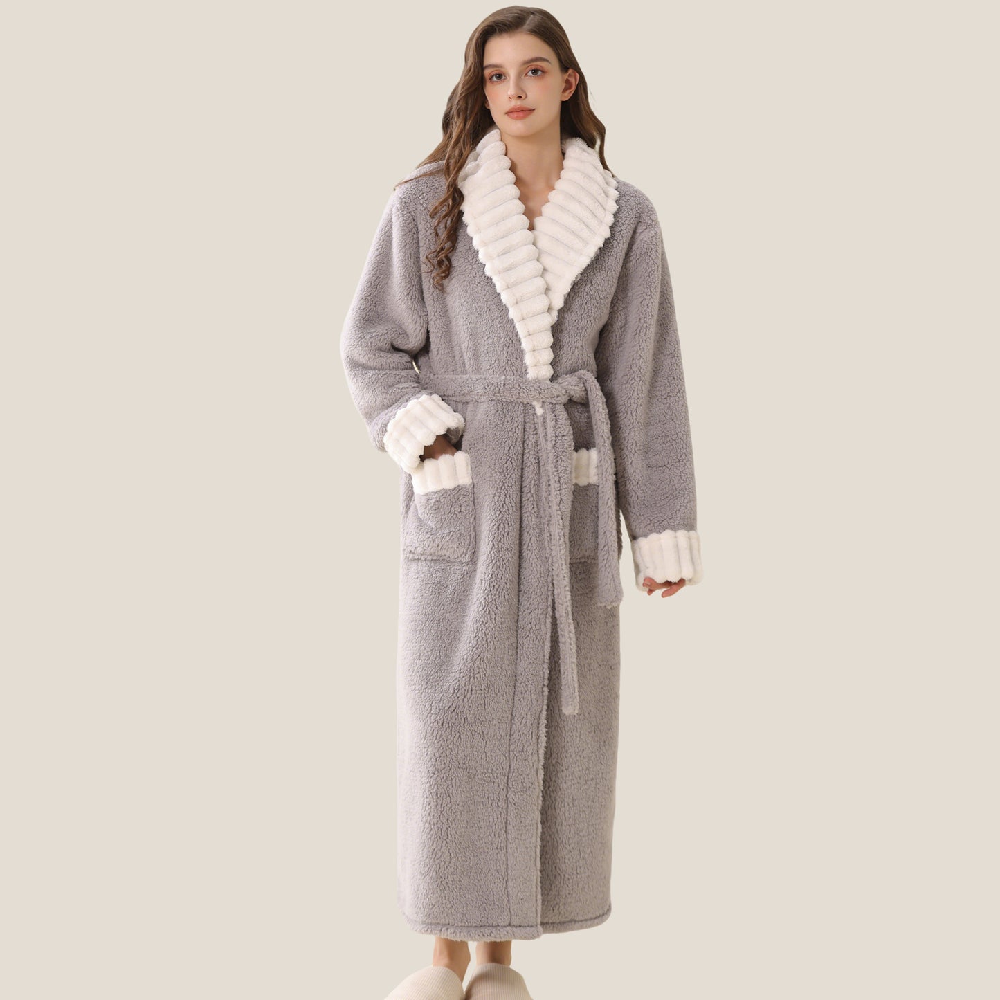Winter Women's Long Sleeve Flannel Nightgown, Thickened Warm Coral Fleece Nightdress with Pockets, Loose Fit Sleepwear