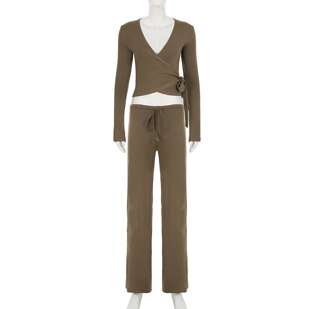 Absobe Autumn Winter Set For Women Loose Pants Leisure Suit With Flare Sleeve Crop Cardigan Laceup 11