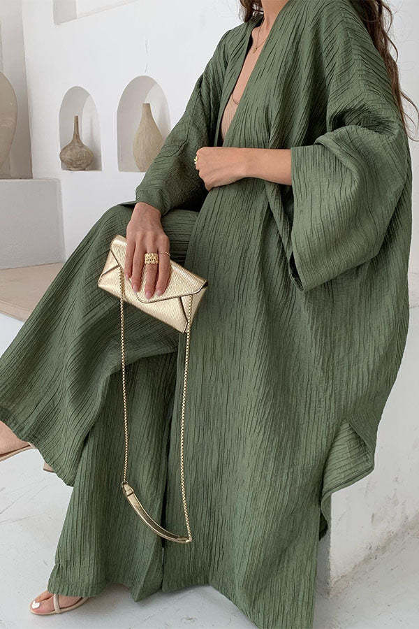 Womens Solid Color Folds Pants Sets Loose Long Cardigan Wide Legs Trousers Fashion Casual Lady Commuting Suit