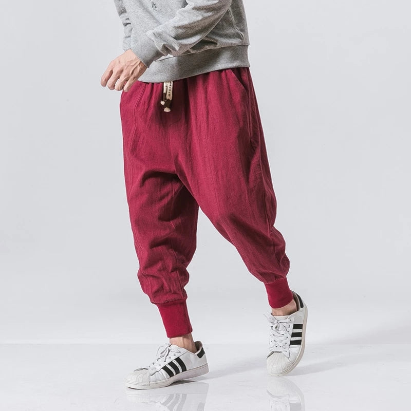 Mens Cotton Linen Harem Pants Elastic Waist Joggers Baggy Dropcrotch Streetwear Trousers Solid Casu 7