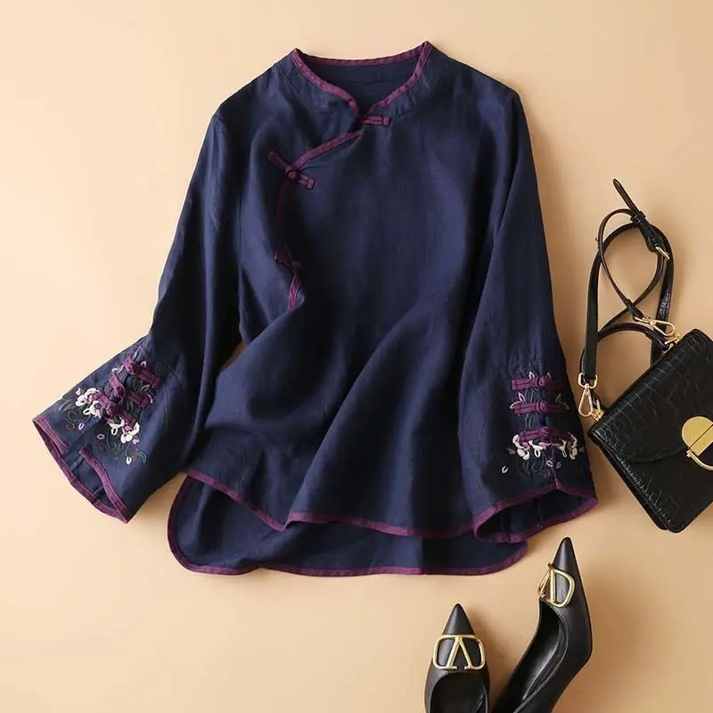 2023 New Spring Womens Shirt, Chinese Style, Artistic Embroidery, Loose Fit, V Neck Top, Fashionable Clothes for Women