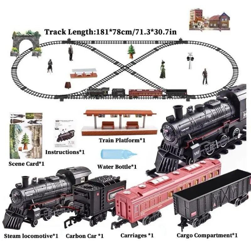Electric Railway Train Set With Steam Locomotive Smoke Light And Sound 7