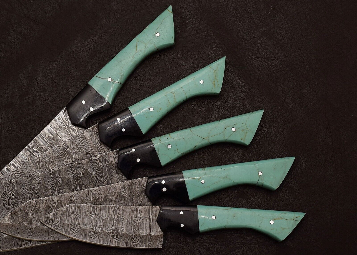 Handmade Damascus Steel Outdoor Kitchen Chef Knife Set 5 Pcs With Resin Art Handle Leather Sheath 2