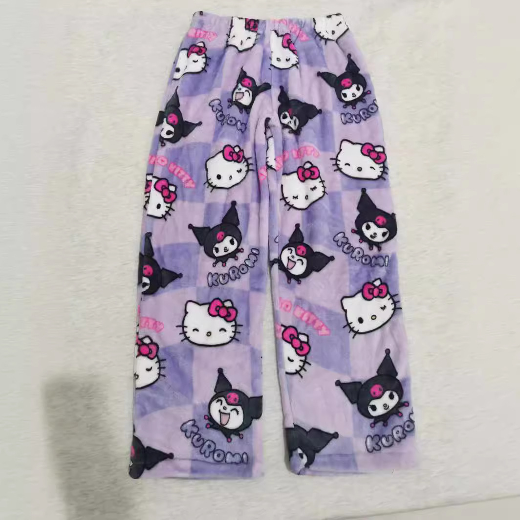 Halloween Pajamas Women, Hello Kitty Flannel Pant, Autumn Winter Plus Velvet, Warm Homewear, Cartoon Graffiti Loungewear