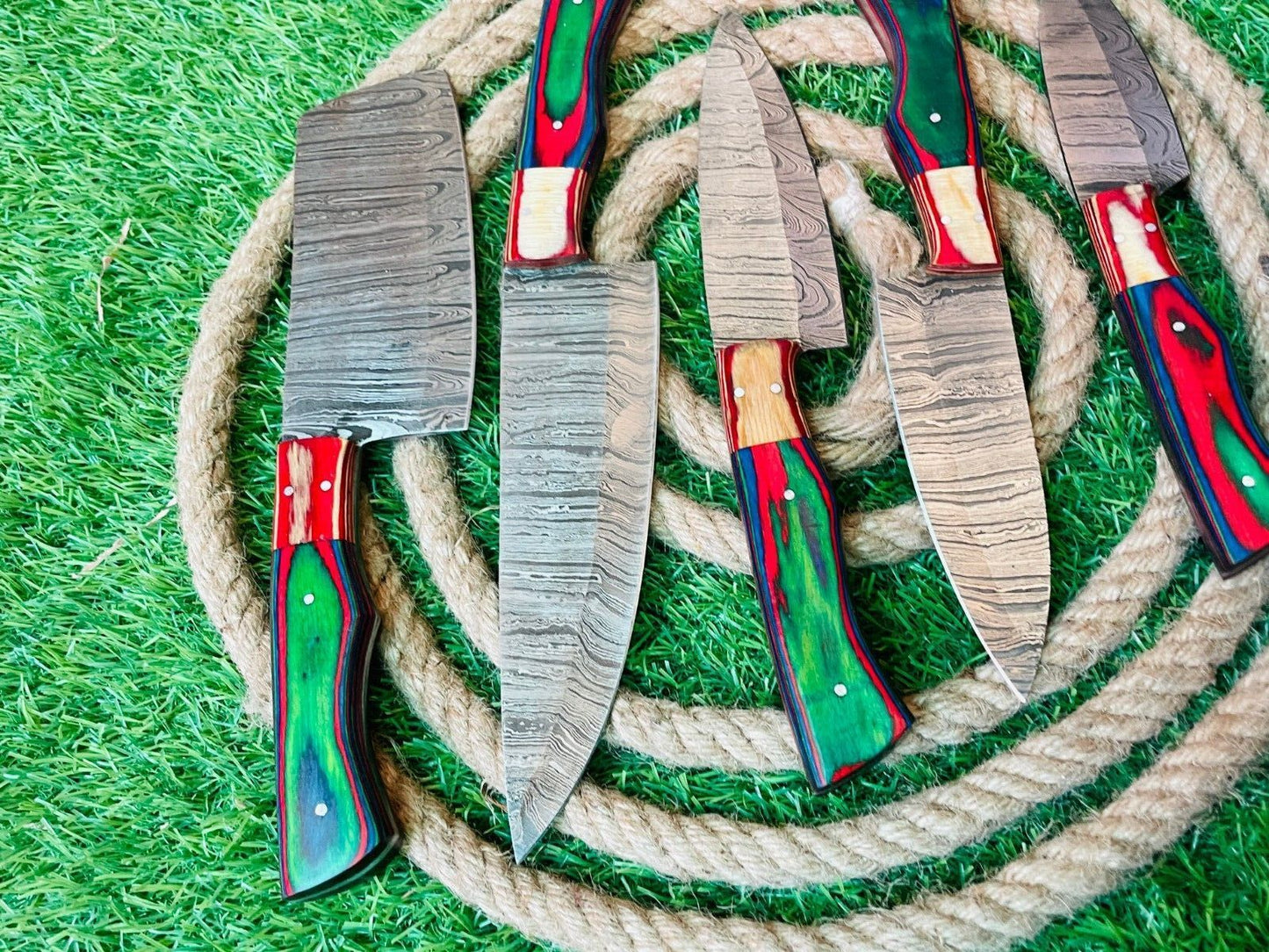 CCustom Handmade Damascus Steel 5Piece Chef Knife Set Wooden Handles With Leather Bag 2