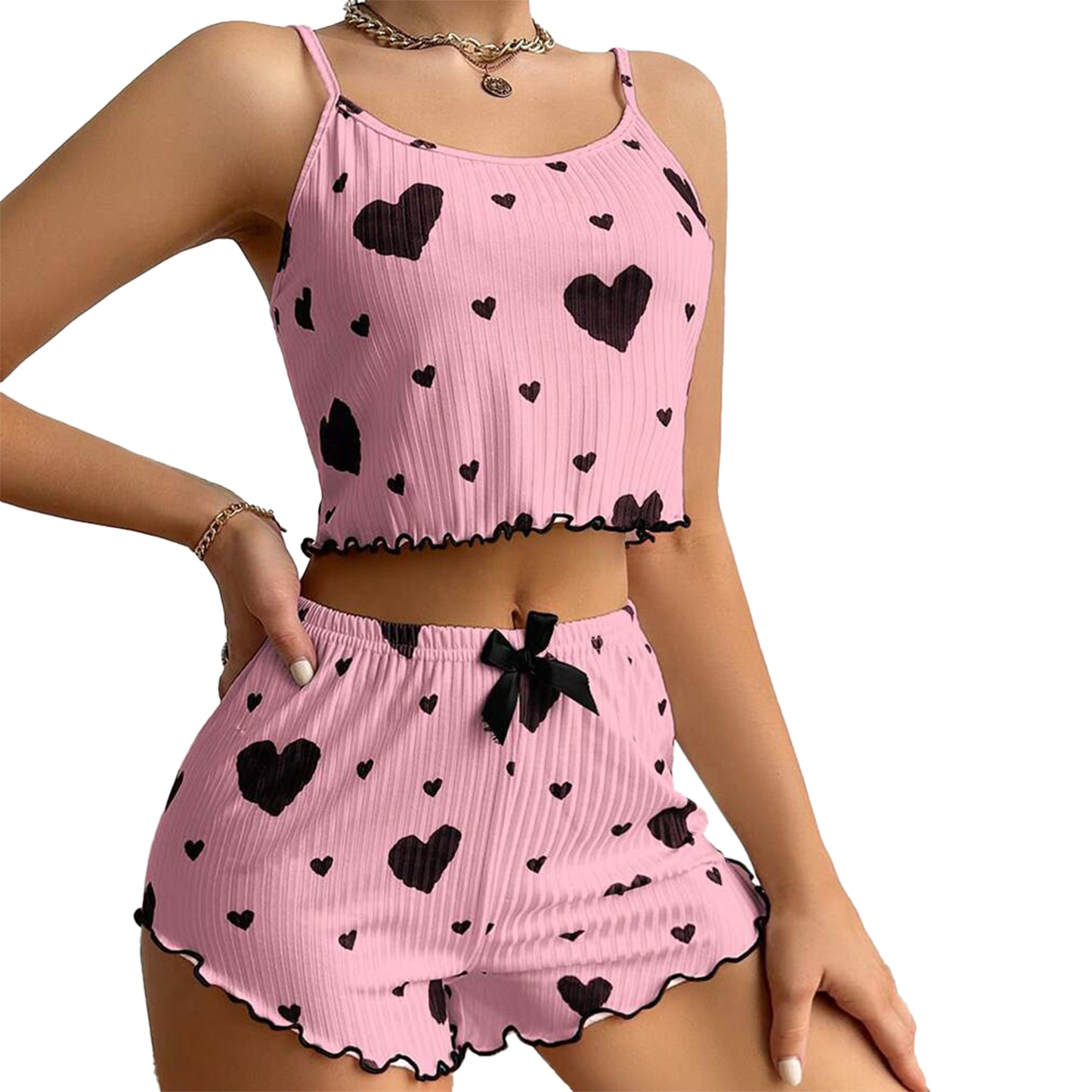 Womens Pajamas Set Love Heart Print Spaghetti Strap Camisole And Shorts 2PC Summer Sleepwear 8