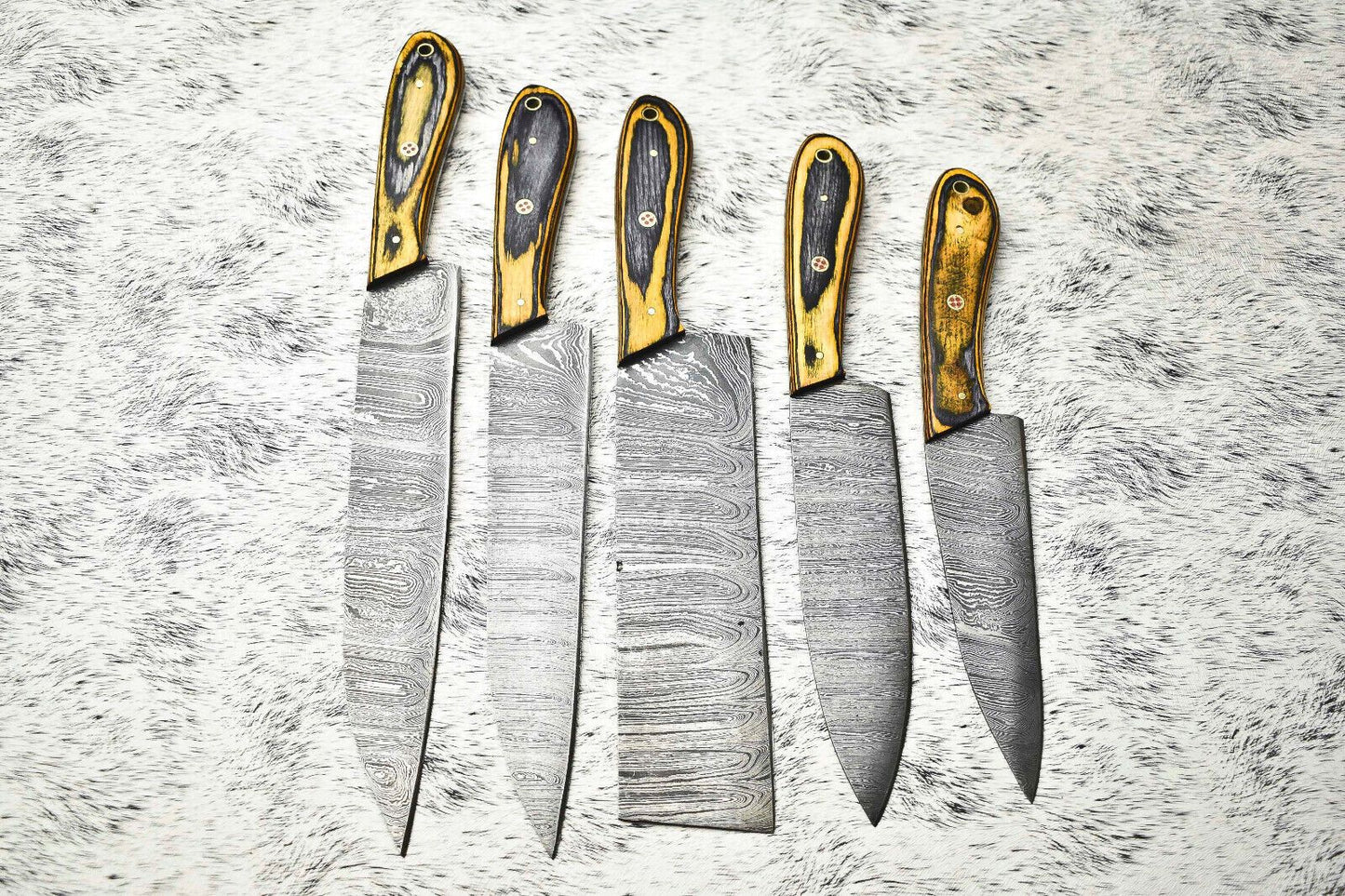 Superb Custom Lot Of 5 Handmade Hammered Damascus Steel Chef Knives Full Tang Blades With Polished 3