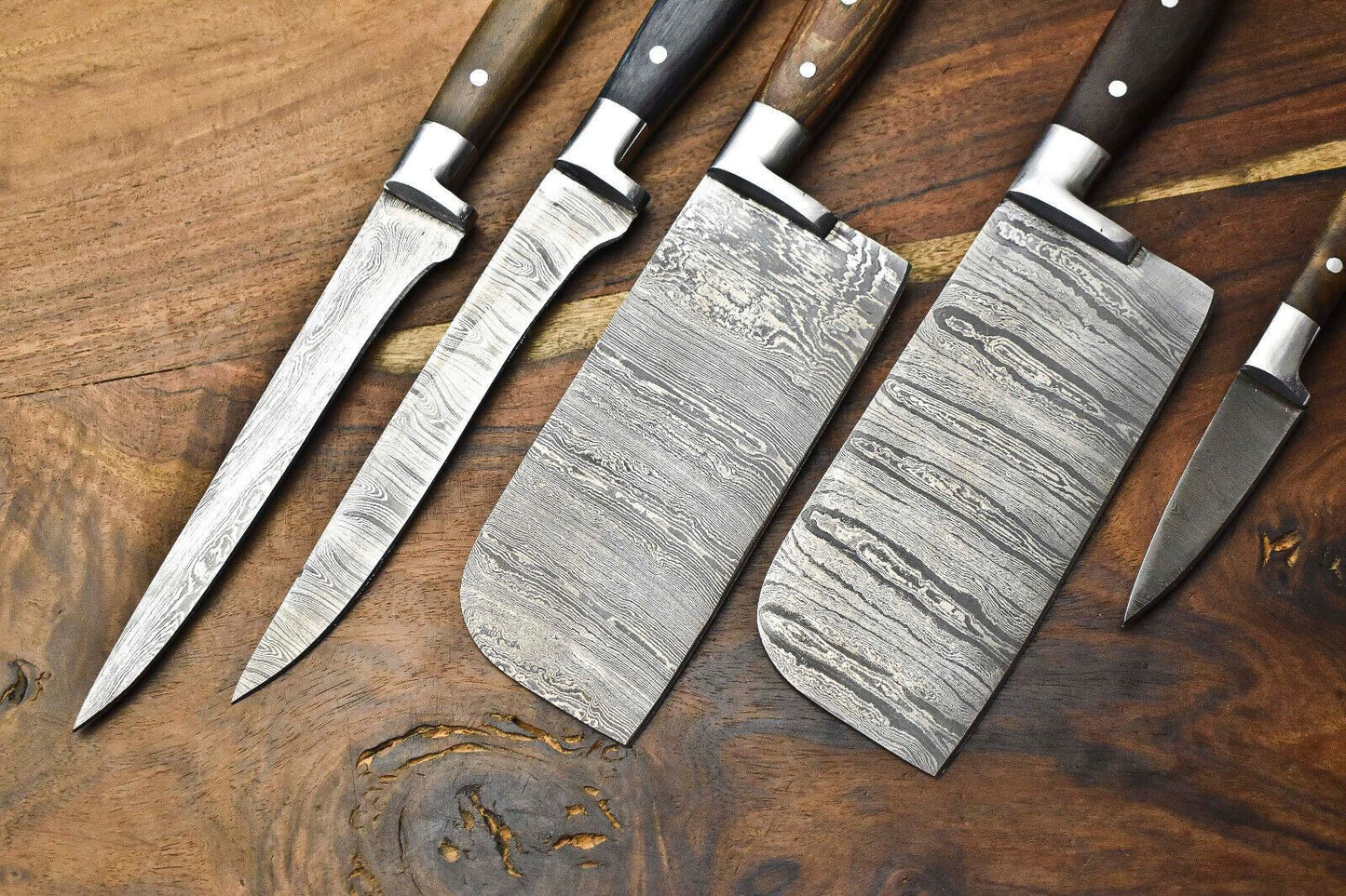 Custom Lot Of 5 Handmade Hammered Damascus Steel Chef Knives Set 1013 Blades 2