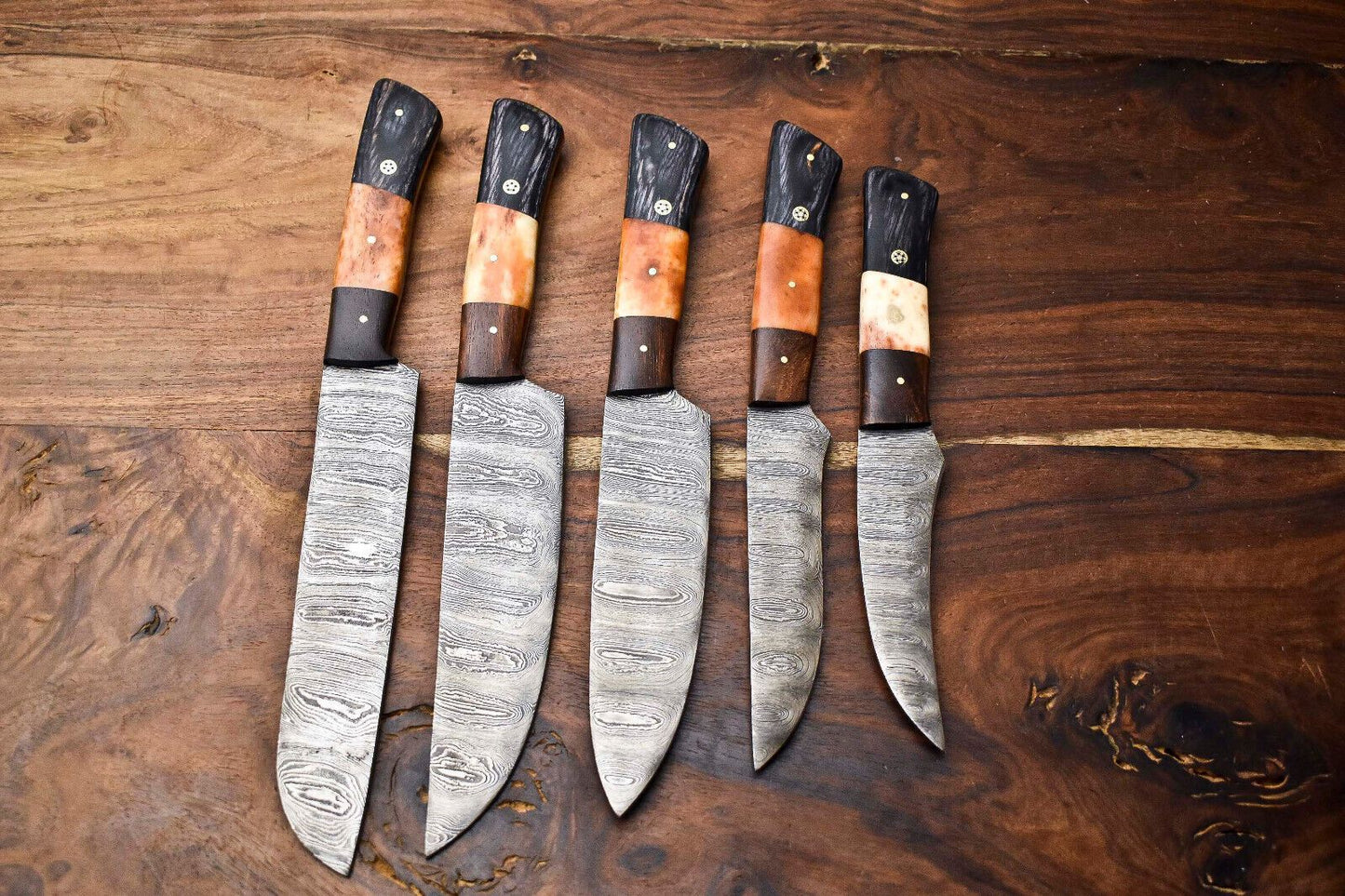 Lot Of 5 Handmade Damascus Steel Chef Knives Set Hammered Full Tang Blades 1013 Razor Sharp 3
